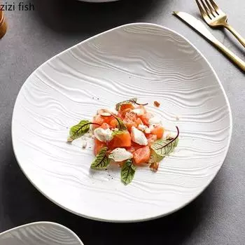 Pure White Ripple Ceramic Salad Plate Restaurant Irregular Deep Plate Thick Soup Plate Service Plates Creative Tableware