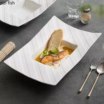 Pure White Striped Ceramic Deep Plate Restaurant Thick Soup Plate Salad Plate Pasta Plates Molecular Cuisine Specialty Tableware