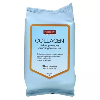 Purederm, очищающие салфетки для снятия макияжа, коллаген, влажные салфетки 30 шт.