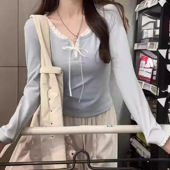 Purely Desired Рубашка с кружевной подкладкой Облегающая футболка с длинными рукавами Верх из двух частей с имитацией кружева S