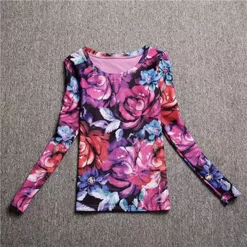 Purple 2024 Spring Fleece-lined Long Sleeves Print Tops Violet S