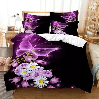 Purple Bedding Set Duvet Cover Bed Quilt Pillow Case 3D Comforter Lavender Butterfly Double Full King Queen Twin Single 3PCS 70x133cm 2pcs