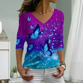 Фиолетовый принт бабочки женские футболки женские топы с длинным рукавом V-образный вырез пуловер женские футболки футболка для женщин XS красный