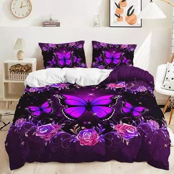 Purple Butterfly Rose Bedding Sets Fashion Duvet Cover Sets Twin Full Queen King Size Pillowcase For Kids Adult Gift Bed Linen EU single(135x200cm)