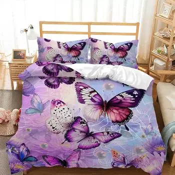 Purple Butterfly Three-Piece Digital Printing Kit 3D Duvet Set Bedding EU single 135*200