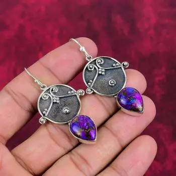 Серьги из фиолетовой меди и бирюзы, ювелирные изделия из цельного серебра 925 пробы, серьги с драгоценными камнями, подарок для нее, изящные ювелирные изделия ручной работы 2.24 Inches фиолетовый