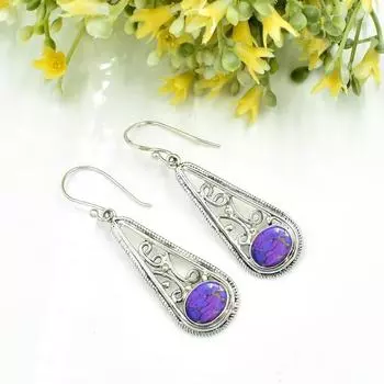 Purple Copper Turquoise Earrings, 925 Sterling Silver Earrings, Dangle Earring