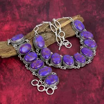 Ювелирные изделия из фиолетового медно-бирюзового драгоценного камня, ожерелье и браслет из стерлингового серебра 925 пробы, потрясающий комплект украшений ручной работы для нее Adjustable With 8 -18 фиолетовый