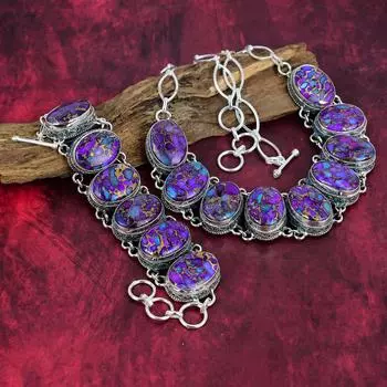 Ювелирные изделия из фиолетового медно-бирюзового драгоценного камня, ручная работа, стерлинговое серебро 925 пробы, уникальный комплект украшений для браслета и ожерелья для женщин Adjustable With 8 -18 фиолетовый