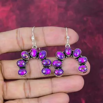 Purple Copper Turquoise Handmade Gemstone Earrings, 925 Solid Sterling Silver Earrings Antique Jewelry, For Engagement Gift 1.85 Inches