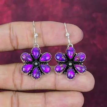 Purple Copper Turquoise Handmade Gemstone Earrings, 925 Solid Sterling Silver Earrings Antique Jewelry, For Engagement Gift 1.77 Inches