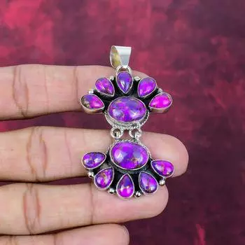 Purple Copper Turquoise Handmade Gemstone Pendant, 925 Solid Sterling Silver Pendant Antique Jewelry, For Engagement Gift 2.44 Inches