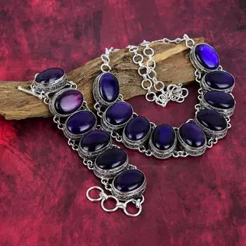 Purple Flash Labradorite 925 Solid Sterling Silver Bracelet, With Adjustable Chain, Handmade Gemstone Bracelet & Necklace Jewelry Set For Memorial Day Adjustable With 8 -18 фиолетовый