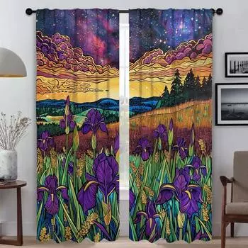 Purple Iris Flowers Curtains for Living Room Curtain for Room 2 Panel Home Interior Curtains Halloween Decoration Partition W50xH70cmx2pcs-CL
