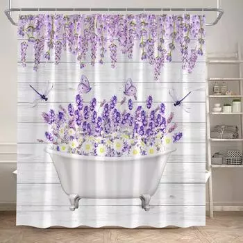 Purple Lavender Shower Curtain Butterfly Dragonfly Watercolour Floral Plant Bath Curtain Set Polyester Bathroom Decor 150x180CM