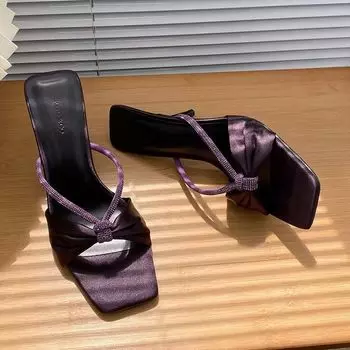 Purple new sexy open-toed rhinestone bow high-heeled cool slippers two and a half slippers one word with sandals women 42 35