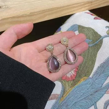 Purple Opal 2025 New Arrival Tide Retro Hong Kong Style Accessible Luxury Diamond Stud Earrings Ins Quality Earrings Eardrops Ear Clips Ear clip