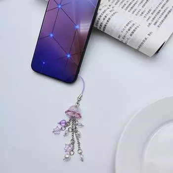 Purple Pink Jellyfish with Star Cottage Core Y2K Beaded Phone Charm Key Chain Handmade розовый