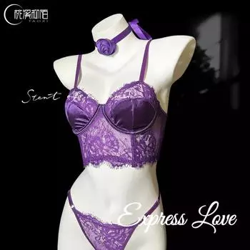 Фиолетовый Сексуальный Кружевной Комплект Бюстгальтера с Прозрачной Сеткой, Поддерживающий, Перспективный Комплект с Цветочным Чокером и Стрингами M