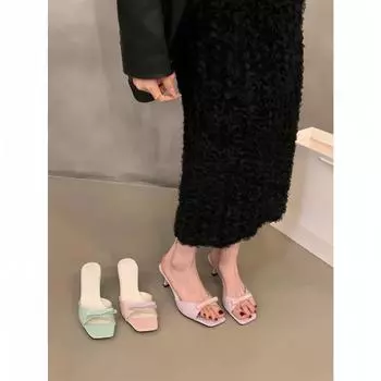 Purple stiletto high heels one-word cool slippers fairy shoes 2024 new summer fashion outside temperament sandals 35 розовый