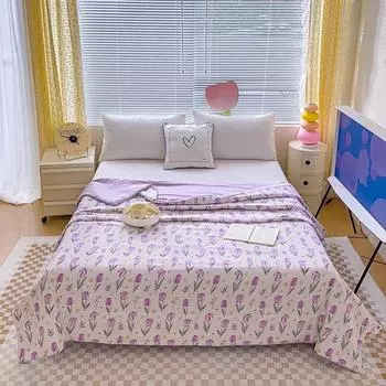 Purple Tulips Pattern Summer Quilt Fresh Floral Skin-friendly Air Conditioning Quilt Ultra Soft Thin Blanket Machine Washable 150x200cm Single 1Pc