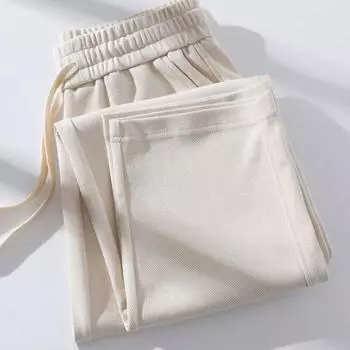 Purplish Red Spring & Fall High Waist Twill Casual Sweatpants Light apricot L