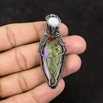 Пурпурит драгоценный камень медная проволока обернутая подвеска ручной работы кулон радужная лунная подвеска дизайнерские ювелирные изделия подарок для нее ювелирные изделия из медной проволоки