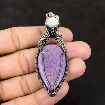 Подвеска из драгоценного камня пурпурит, подвеска из медной проволоки, подвеска ручной работы, радужный лунный камень, медные украшения, подарок для матери, ювелирные изделия из пурпурита