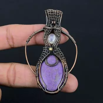 Пурпурит и лунный камень драгоценный камень ручной работы медная проволока обертка ювелирное изделие кулон для женщин 3.07 Inches фиолетовый