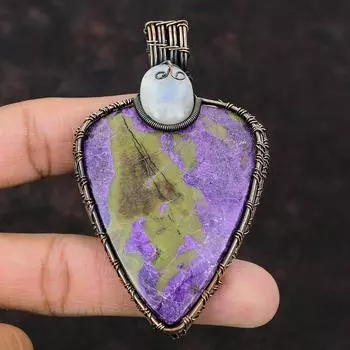 Подвеска из пурпурита, подвеска из медной проволоки, подвеска ручной работы, радужный лунный камень, ювелирное украшение в подарок для женщин, подвеска из медной проволоки с драгоценным камнем