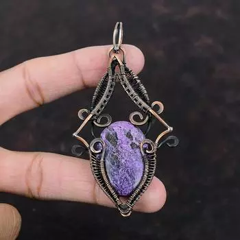 Пурпуритовый кулон, медная проволока, обернутая кулоном, дизайнерский кулон, проволочная обертка, ювелирное изделие ручной работы, кулон с драгоценным камнем, медные украшения для подарка