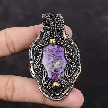 Пурпуритовый кулон, обернутый медной проволокой, кулон с драгоценным камнем, совершенно новый кулон, медная проволока, ювелирное изделие, подарок для женщин, антикварный кулон ручной работы