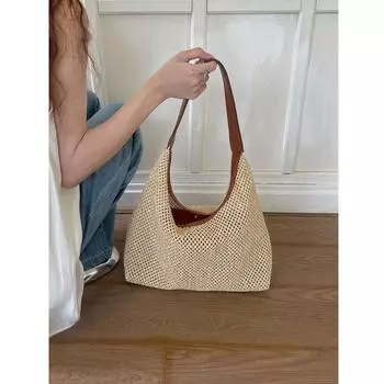 Сумки плетеные повседневные соломенные сумки-ведра большой емкости однотонные наплечные женские вязаные праздничные пляжные сумки для покупок чёрный