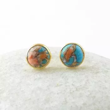 Пусет из устричного медного бирюзового камня, серьги ручной работы, подарок для нее, гвоздик из желтого золота, подарок для нее, серебро 925 пробы
