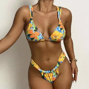 Push Up Bikini Women Swimwear Lace Up Купальник с принтом Цветочный купальный костюм Комплект бикини S