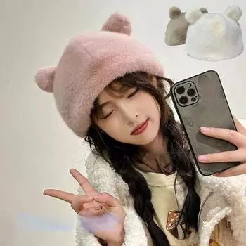 Пушистая искусственная меховая панама с ушками медведя для женщин, плюшевая шапка, теплая зимняя утепленная панама для холодного снежного дня, защита ушей