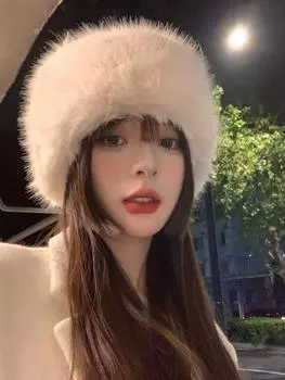 Пушистая искусственная меховая панама женская кроличья меховая теплая толстая плюшевая зимняя шапка женская роскошная модная меховая панама рыбацкая шапка 56-58cm белый