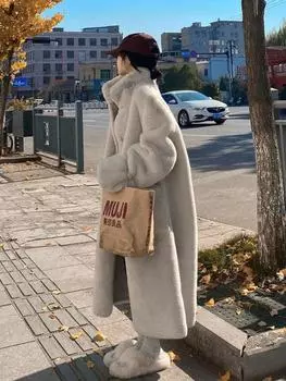 пушистая куртка из искусственного меха для женщин, зимняя, средней и длинной длины, свободная и тонкая, хлопковая, утолщенная, имитация норки, плюшевое пальто с воротником-стойкой, модное S Select within 55kg