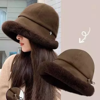 Пушистая меховая панама для женщин, зимняя толстая теплая панама, рыболовные шапки, винтажная плюшевая кепка для бассейна чёрный
