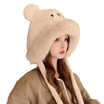 Пушистая меховая защитная шапка для ушей для женщин, ветрозащитный теплый головной убор, милый медвежонок, зимняя плюшевая рыбацкая шапка хаки