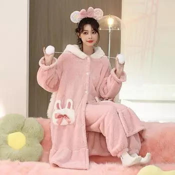 Пушистая ночная рубашка с капюшоном и брюками, комплект из 2 предметов, зимняя фланелевая утолщенная теплая пижама, розовый милый мультяшный халат M розовый