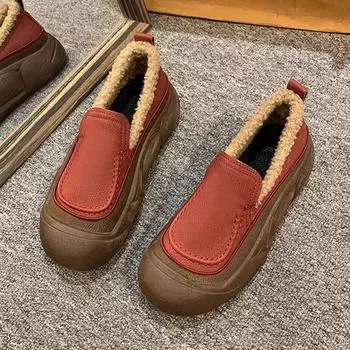 пушистая обувь на толстой подошве для женщин осень-зима 2024 года, новая верхняя одежда, бархатные теплые хлопковые туфли, повседневные мокасины на одной педали 35 темно-коричневого