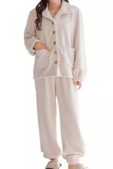 Пушистая пижама, комплект из верха и низа, кардиган с высоким воротом, комнатная одежда, подарочный кардиган с открытым передом, домашняя одежда, теплое одеяло с карманами, теплое зимнее одеяло с длинными рукавами слоновая кость