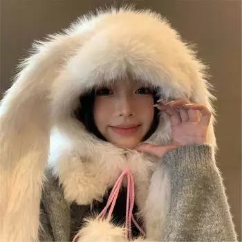 Пушистая плюшевая шапка с капюшоном для взрослых, милая шапка-балаклава с длинными кроличьими ушками для девочек-подростков 2000-х годов, зимний теплый шарф, шапка для ежедневного использования