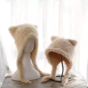 пушистая шапка Beanie Spicy Girl, милая шапка с кошачьими ушками, зимняя утолщенная теплая шапка-бомбер, лыжная шапка из искусственного меха, вязаная шапка в стиле ретро, оптовая продажа 56-58cm