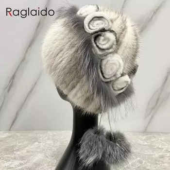 Пушистая шапка с цветочным принтом из натурального меха норки, женская зимняя шапка, пушистые шапочки из лисы, стильные зимние уличные теплые меховые шапки для девочек head size 55-59cm чёрный/белый