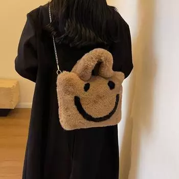 Пушистая сумка со смайликом, маленькая большая сумка, женская плюшевая сумка через плечо, сумка через плечо