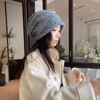 Пушистая теплая бесшовная вязаная шапка из смешанной шерсти для женщин, повседневная универсальная шапка с загнутыми краями, холодная шапка чёрный