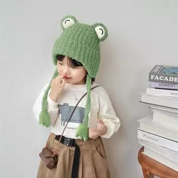 Пушистая теплая милая мультяшная шапочка для детей мальчиков и девочек, милый медведь, лягушка, панда, вязаная крючком шапочка, осень-зима, утолщенная плюшевая вязаная шапка