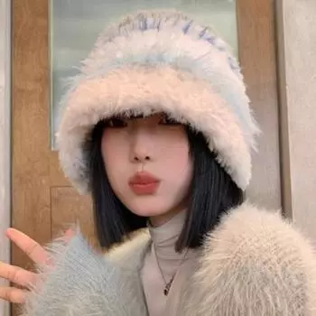 Пушистая вязаная шапка женская зимняя большая окружность головы шерстяная шапка теплая защита ушей показать лицо маленькая холодная шапка с горшком шапка one size56-58cm